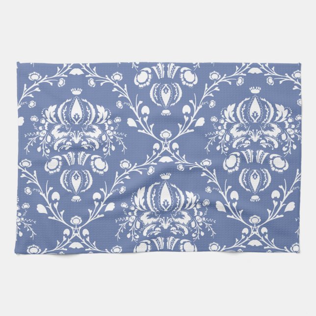 Periwinkle Blue and White Damask Tea Towel (Horizontal)