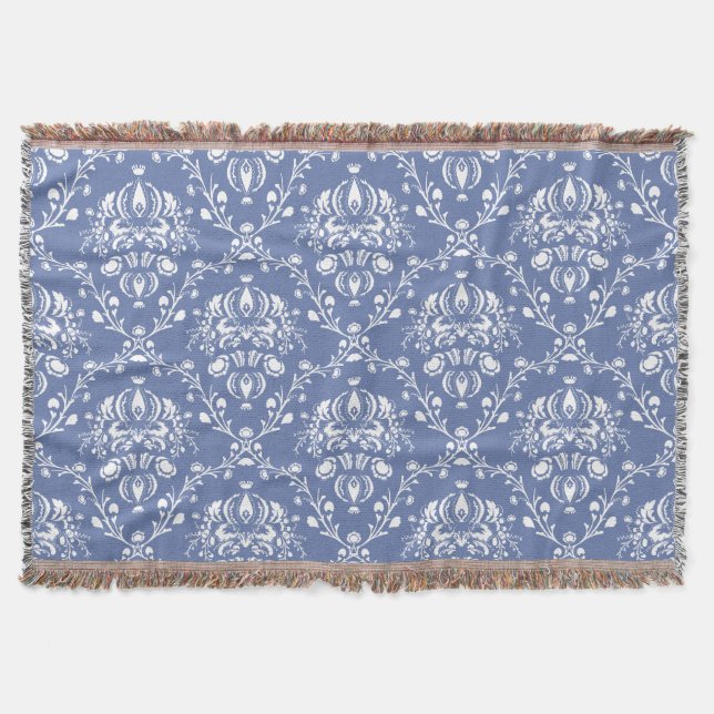 Periwinkle Blue and White Damask Throw Blanket (Front)