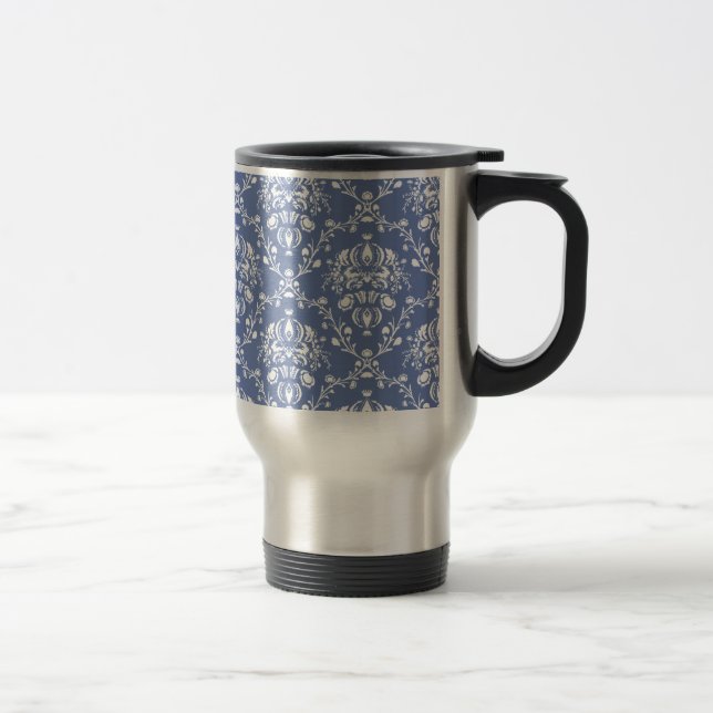 Periwinkle Blue and White Damask Travel Mug (Right)