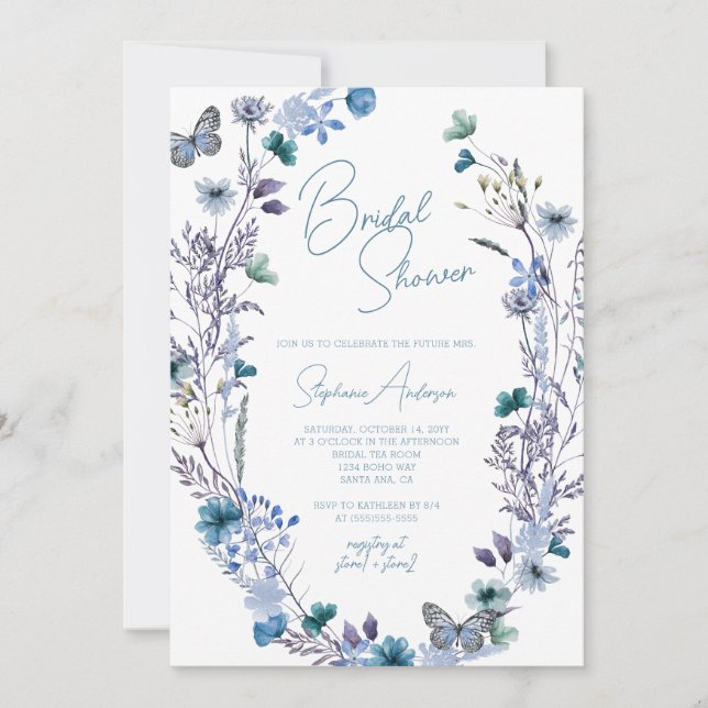 Periwinkle Blue Boho Wildflower Bridal Shower Invitation (Front)