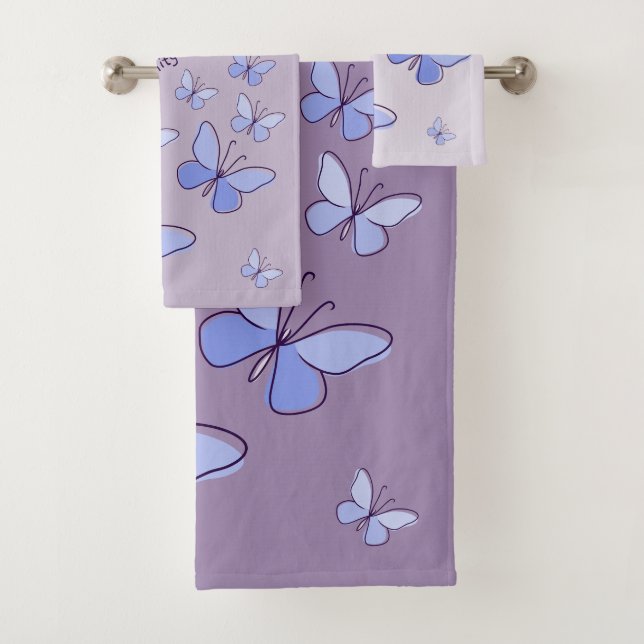 Periwinkle Blue Butterfly Flutter Lavender Grey Bath Towel Set (Insitu)