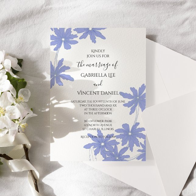 Periwinkle Blue Daisies on White Wedding Invitation (Creator Uploaded)