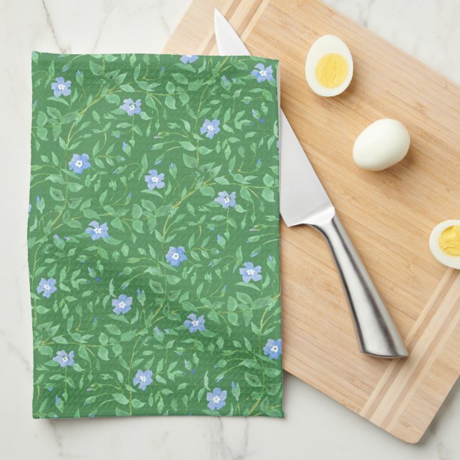 Periwinkle Blue Dark Green Country-style Floral Tea Towel (Quarter Fold)