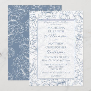 Periwinkle Blue Elegant Hand-Drawn Floral Wedding  Invitation