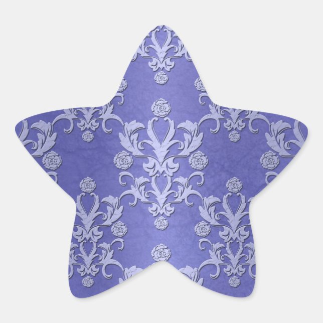 Periwinkle Blue Fancy Floral Damask Pattern Star Sticker (Front)
