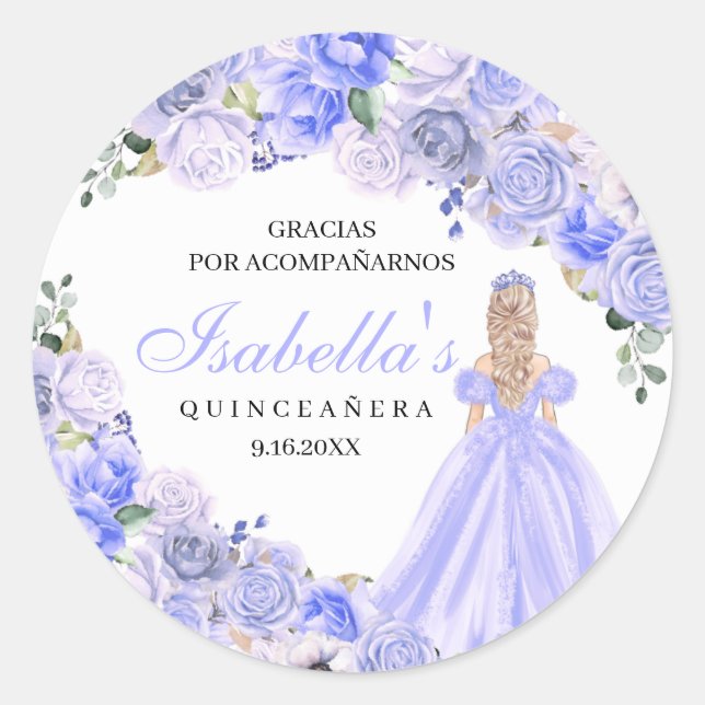 Periwinkle Blue Floral Quinceanera Round Stickers (Front)