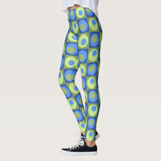 Periwinkle Blue Green dots squares geometric Leggings (Left)