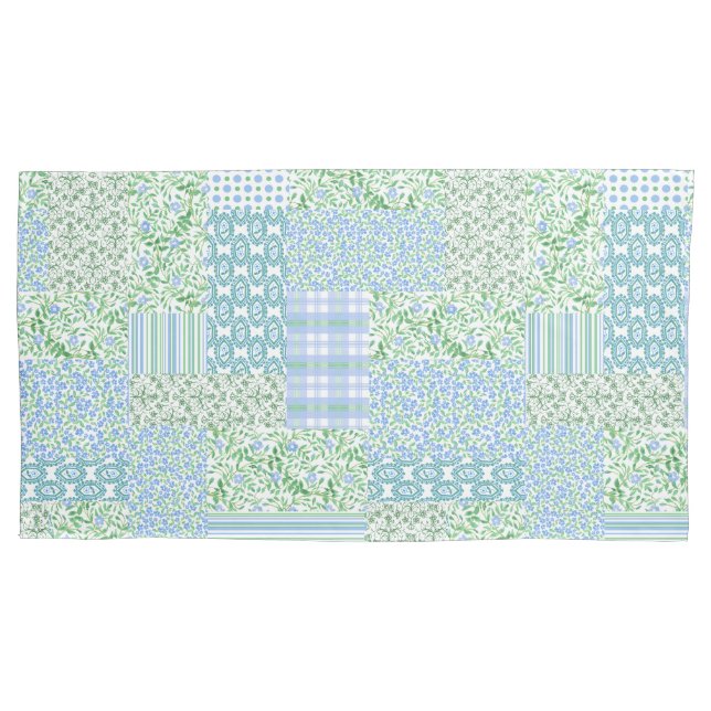 Periwinkle Blue Green Faux Patchwork Pattern Pillowcase (Front-Left)