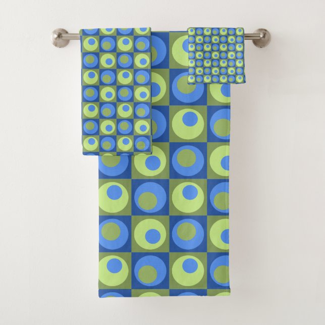 Periwinkle Blue Green Square Dot Geometric Pattern Bath Towel Set (Insitu)