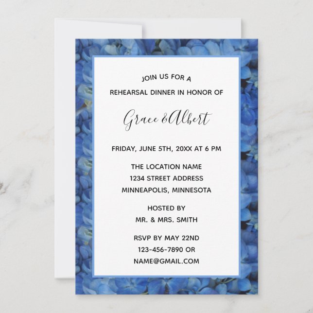 Periwinkle Blue Hydrangeas Rehearsal Dinner Invitation (Front)