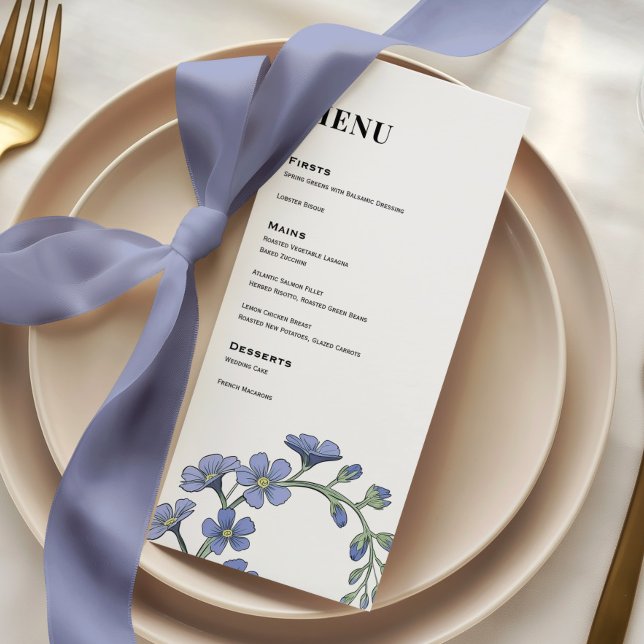 Periwinkle Blue Modern Floral Wedding Dinner Menu (Creator Uploaded)