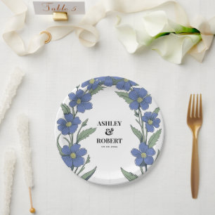 Periwinkle Blue Modern Floral Wedding Paper Plate