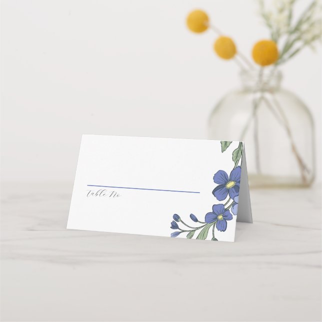 Periwinkle Blue Modern Floral Wedding Place Card (Front)