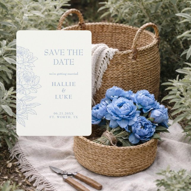 Periwinkle Blue Peony Photo Wedding Save Date Invitation (Creator Uploaded)