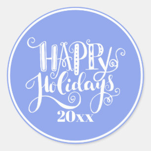 Periwinkle Blue Silver White Happy Holidays Classic Round Sticker