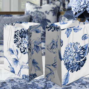 Periwinkle Blue Vintage Botanical Floral Toile Medium Gift Bag