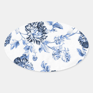 Periwinkle Blue Vintage Floral Toile No.5 Oval Sticker