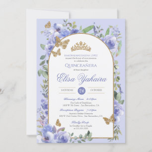 Periwinkle Blue Watercolor Golden Butterfly Quince Invitation