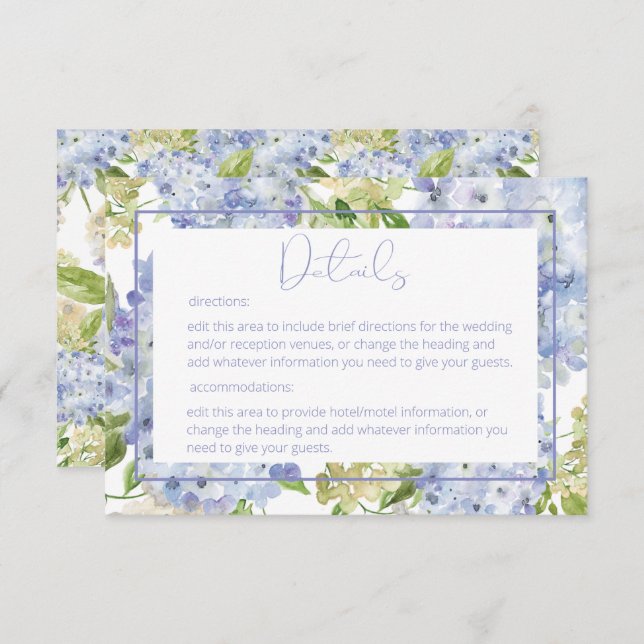 Periwinkle Blue White Hydrangea Details Wedding Enclosure Card (Front/Back)