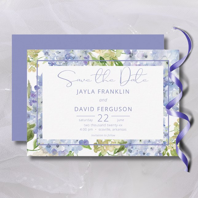 Periwinkle Blue White Hydrangea Wedding Save The Date (Periwinkle Blue White Hydrangea Wedding Save The Date)