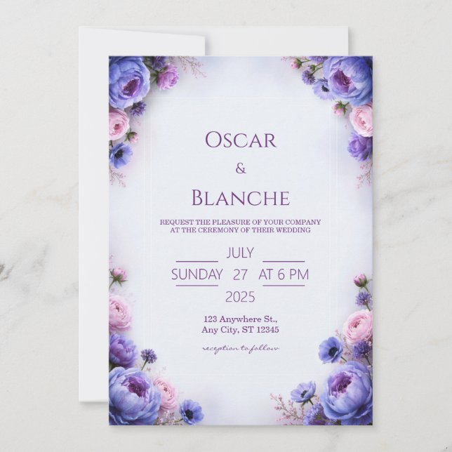 Periwinkle Blush Floral Border Wedding Invitation (Front)