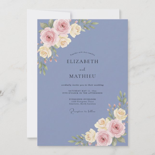 Periwinkle Blush Rose Wedding Invitation (Front)