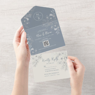 Periwinkle Boho Dusty Blue Wedding All In One Invitation