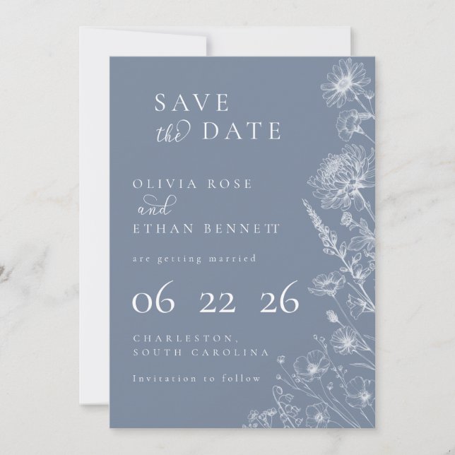 Periwinkle Botanical Minimal Wedding Save the Date (Front)