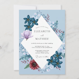 Periwinkle Burgundy Peony Wedding Invitation