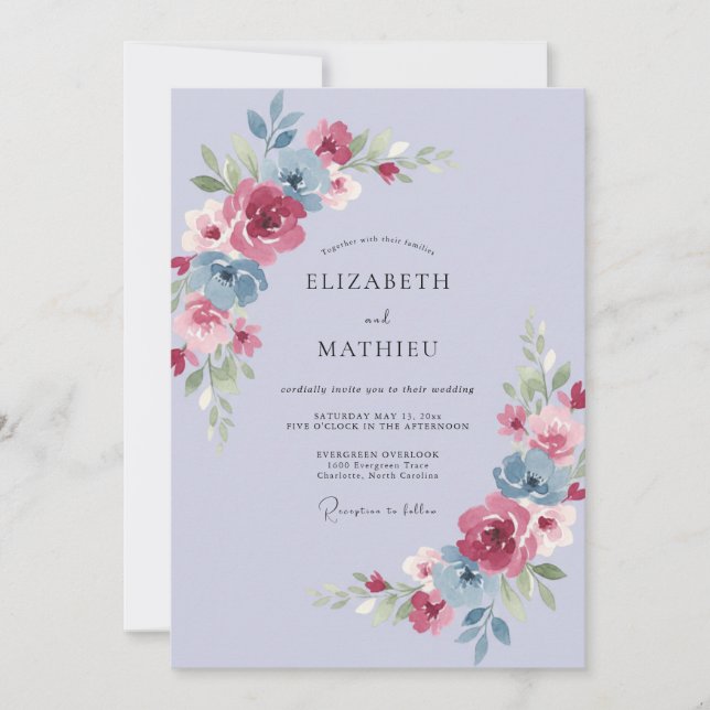 Periwinkle Burgundy Ranunculus Eucalyptus Wedding Invitation (Front)