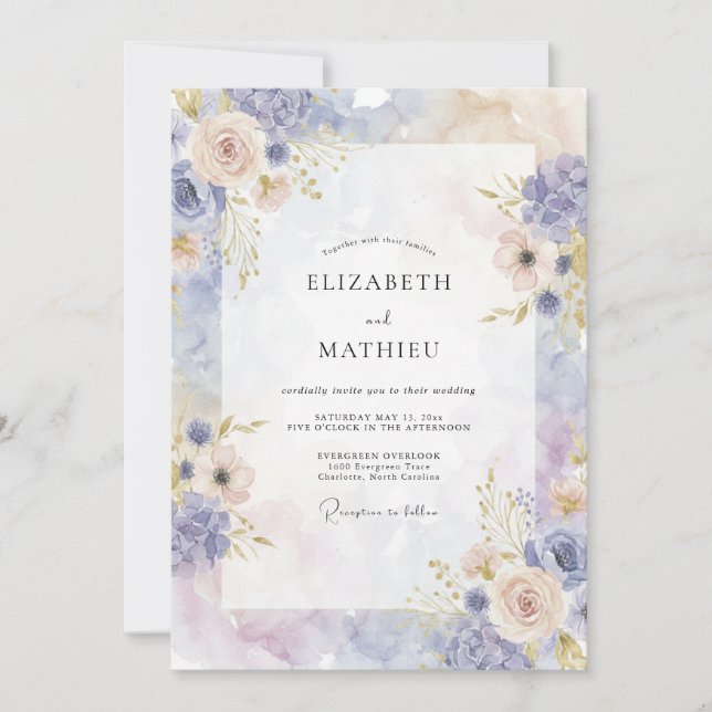 Periwinkle Champagne Ranunculus Eucalyptus Wedding Invitation (Front)
