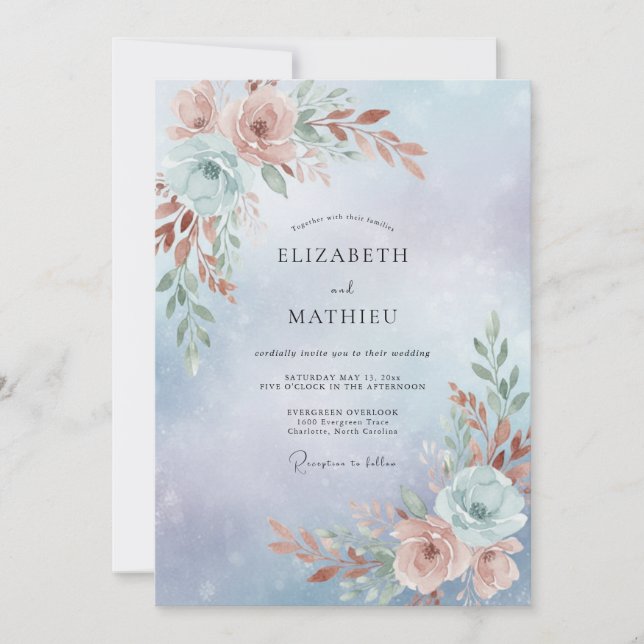 Periwinkle Copper Foliage Eucalyptus Wedding Invitation (Front)