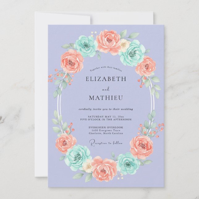 Periwinkle Coral Aqua Wreath Wedding Invitation (Front)