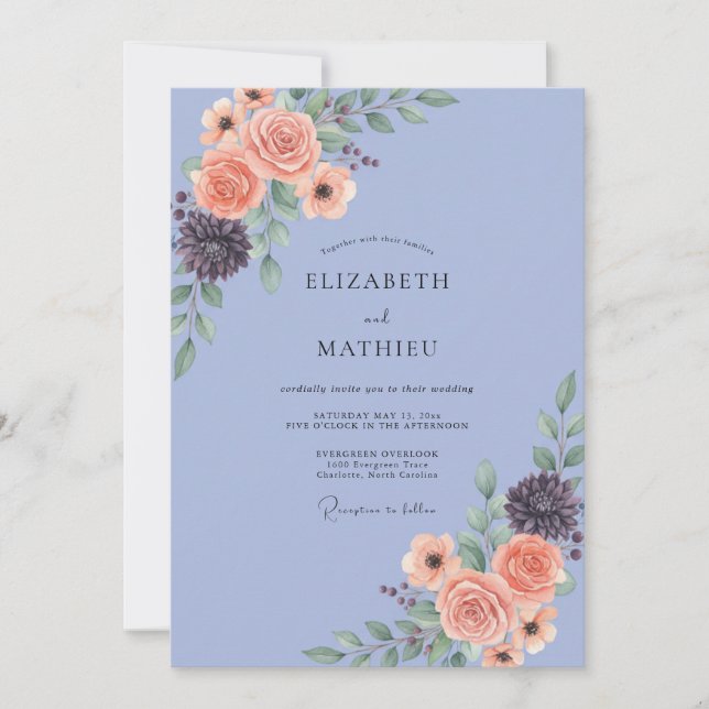 Periwinkle Coral Blossom Wedding Invitation (Front)