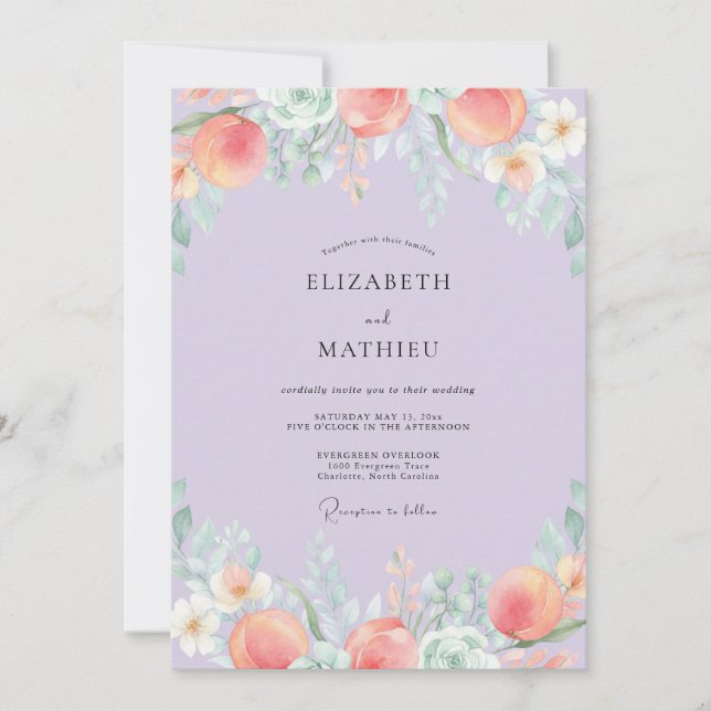 Periwinkle Coral Ranunculus Eucalyptus Wedding Invitation (Front)