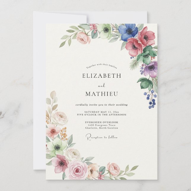Periwinkle Coral Wildflower Wedding Invitation (Front)