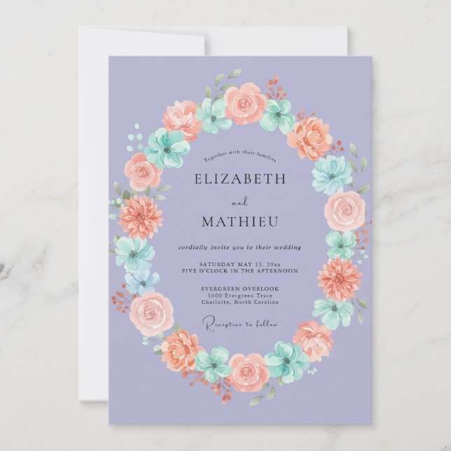 Periwinkle Coral Wreath Wedding Invitation (Front)