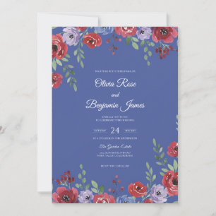 Periwinkle Crimson Poppy Wedding Invitation