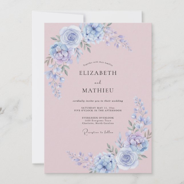 Periwinkle Dusty Mauve Petal Wedding Invitation (Front)