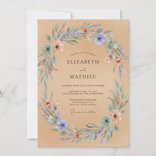 Periwinkle Dusty Peach Wreath Wedding Invitation (Front)