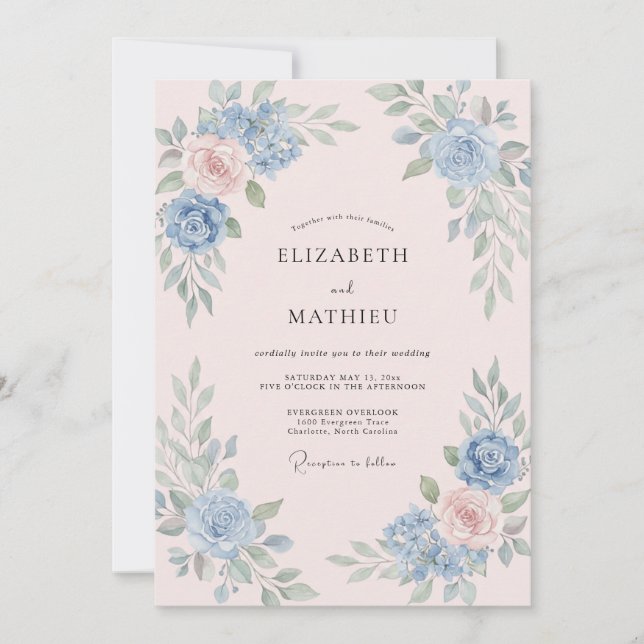 Periwinkle Dusty Pink Eucalyptus Wedding Invitation (Front)