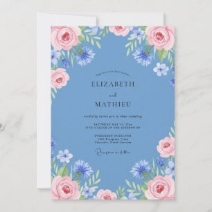 Periwinkle Dusty Pink Peony Wedding Invitation