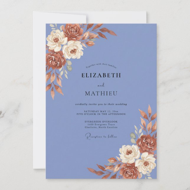 Periwinkle Dusty Terracotta Peony Wedding Invitation (Front)