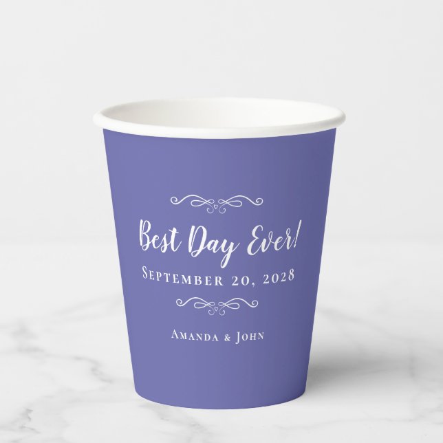 Periwinkle Elegant Weddings Best Day Ever Date Paper Cups (Front)