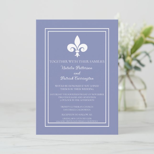 Periwinkle Fleur de Lis Wedding Invitation (Standing Front)