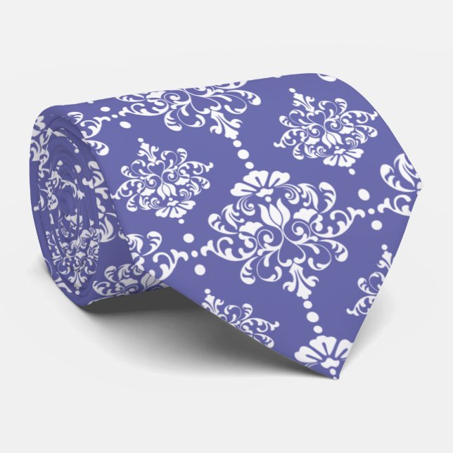 Periwinkle Floral Damask Pattern Groomsmen Wedding Tie (Rolled)