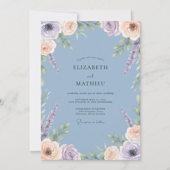 Periwinkle Gentle Floral Flourish Wedding Invitation (Front)