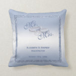 Periwinkle Glitter & Silver Wedding Rings   Cushion<br><div class="desc">Beautiful stylish and very elegant wedding throw pillow with a glamourous periwinkle coloured sparkly sequin border encased in a matching coloured glitter frame printed on a pretty gradient background, in the background are two shiny silver wedding rings with diamond hearts decoration. A romantic design for your special day. All text,...</div>