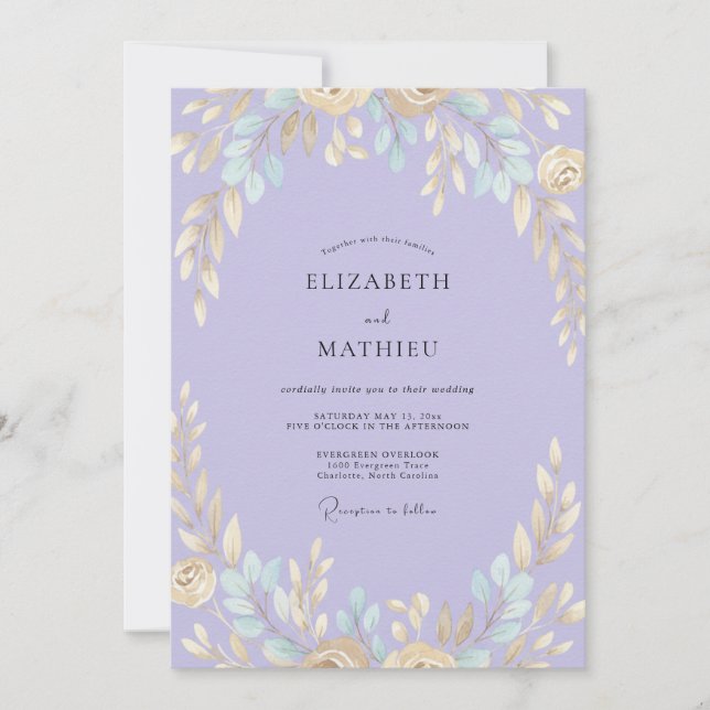 Periwinkle Gold Foliage Muted Eucalyptus Wedding Invitation (Front)