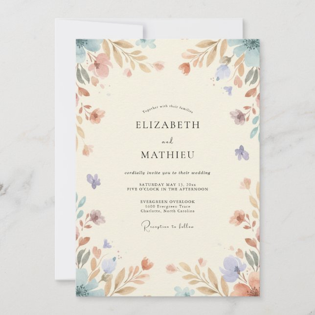Periwinkle Gold Leafy Wedding Invitation (Front)